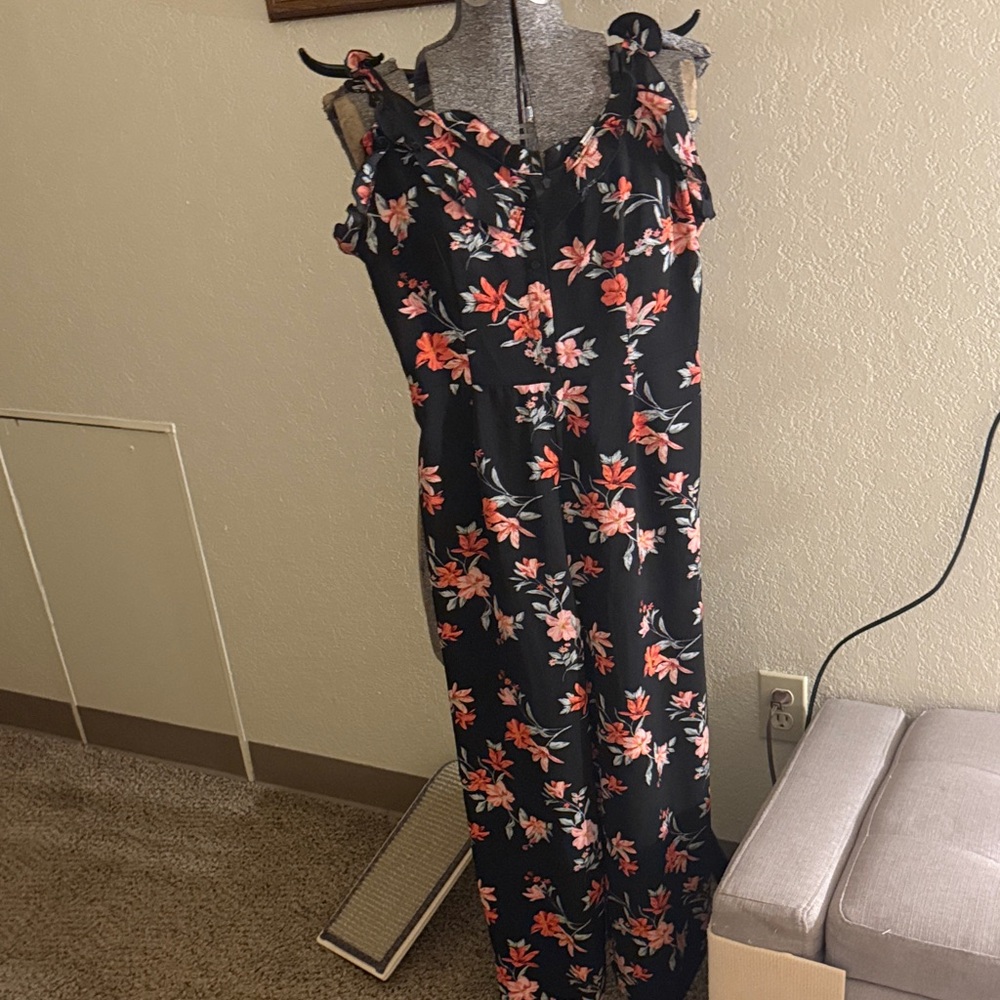 H&M Black jumpsuit with Red Floral Design